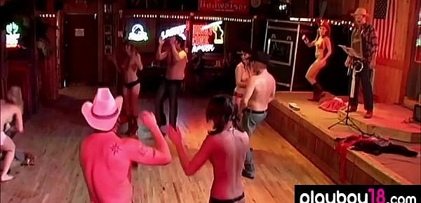  Sweaty dancing ends in striptease on the dance floor by busty blondies